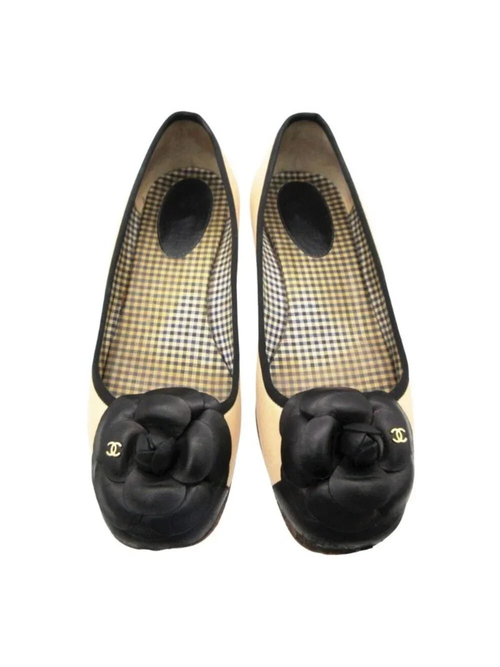 Chanel Pumps Camellia Flats CC Logo Gingham Checkered Leather Shoes Beige